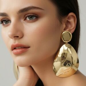 Gold Metal Oversized 4.5 Inch Teardrop Plate Big Dangle Clip On Earrings ClipOn